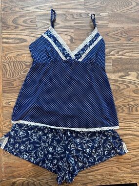 Laura Ashley Navy Polka Dot & Floral Lace-Trim Sleep Set